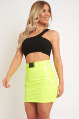 Neon Lime Vinyl Zip Detail Utility Buckle Skirt - Davina