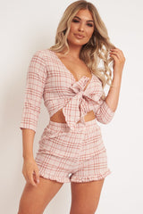 Light Pink Checked Crop Top and Frill Shorts - Vesa