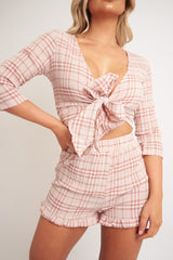 Light Pink Checked Crop Top and Frill Shorts - Vesa