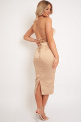 Light Gold Satin Cowl Neck Midi Bodycon Dress - Liliana