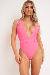 Neon Pink Extreme Plunge Belted Swimsuit - Elvi