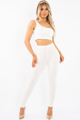White One Shoulder Crop Top and Leggings Co-Ord - Marrie