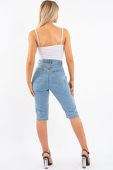 Light Denim Extreme Distressed Longline Shorts - Aaima