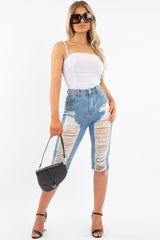 Light Denim Extreme Distressed Longline Shorts - Aaima