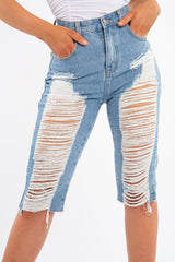 Light Denim Extreme Distressed Longline Shorts - Aaima