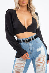 Black Woven Plunge Button Front Crop Blouse - Katerina