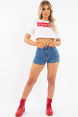 Mid Blue High Waist Denim Hot Pant Shorts - Lylah
