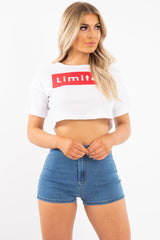 White Red Limited Slogan Cropped T Shirt - Drew