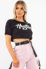 Black White Hustle Slogan Crop T Shirt - Brienna