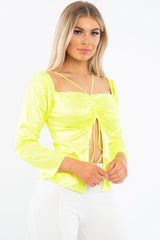Lime Satin Ruched Tie Detail Top - Malika