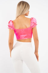 Neon Pink Satin Milkmaid Ring Zip Crop Top - Aariel