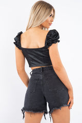 Black Satin Milkmaid Ring Zip Crop Top - Aariel