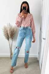 Pink Satin Plunge Lapel Collar Bodysuit - Danica