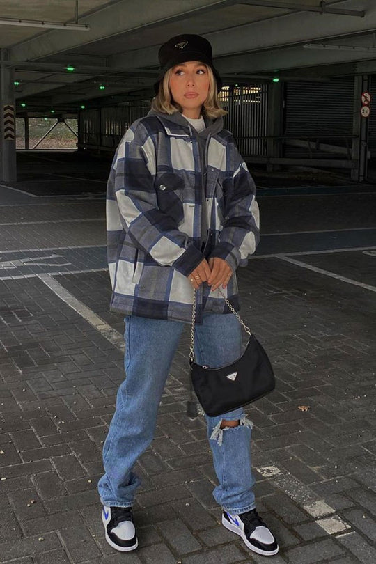 Navy Blue Check Pocket Front Shacket - Misa