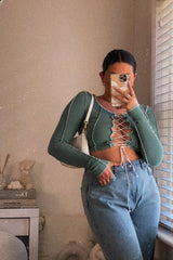 Sage Lace Up Contrast Stitch Long Sleeve Crop Top - Mitzi