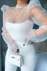 White Mesh High Neck Open Back Blouse - Anthea