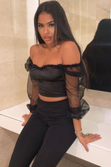 Black Satin Mesh Sleeve Ruched Detail Crop Top - Rya