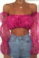 Fuchsia Organza Bardot Puff Sleeves Crop Top - Teresa