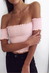 Pink Bardot Frill Shirred Crop Top - Kailah