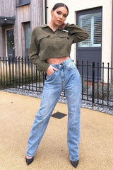 Khaki Corduroy Utility Pocket Cropped Shirt - Eliora