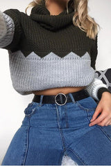 Khaki Grey and White ZigZag Patterned Roll Neck Jumper - Nataley