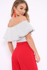 White Striped Bardot Frill Bodysuit - Emmie