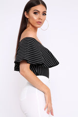 Black Striped Bardot Frill Bodysuit - Emmie