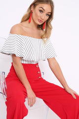 White Striped Bardot Frill Bodysuit - Emmie