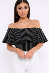 Black Striped Bardot Frill Bodysuit - Emmie