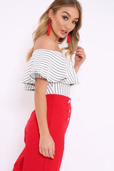 White Striped Bardot Frill Bodysuit - Emmie