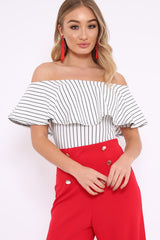 White Striped Bardot Frill Bodysuit - Emmie