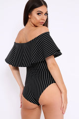 Black Striped Bardot Frill Bodysuit - Emmie