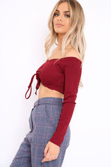 Wine Ribbed Lace Up Front Crop Top - Emmy