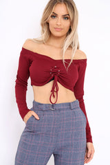 Wine Ribbed Lace Up Front Crop Top - Emmy