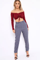 Wine Ribbed Lace Up Front Crop Top - Emmy