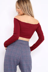 Wine Ribbed Lace Up Front Crop Top - Emmy