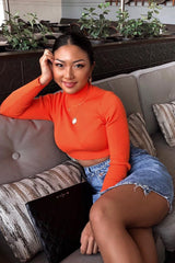 Orange High Neck Rib Knit Crop Jumper - Emogene