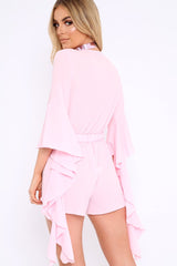 Pink Wrap Front Flare Sleeve Playsuit - Emoni