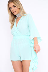 Turquoise Wrap Front Flare Sleeve Playsuit - Emoni