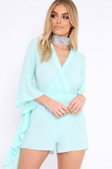 Turquoise Wrap Front Flare Sleeve Playsuit - Emoni
