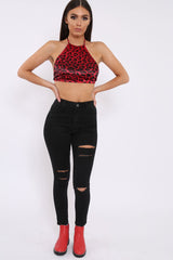 Red Leopard Print Halterneck Crop Top - Emrie