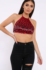Red Leopard Print Halterneck Crop Top - Emrie