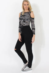 Grey Camo Cold Shoulder Bodysuit - Emy