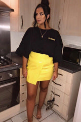 Yellow PU Faux Croc Wrap Over Skirt - Enessa