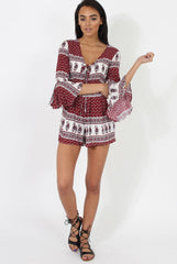 Red Print Low Cut Playsuit - Enya