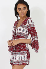 Red Print Low Cut Playsuit - Enya