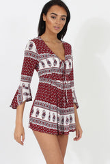 Red Print Low Cut Playsuit - Enya