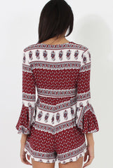 Red Print Low Cut Playsuit - Enya
