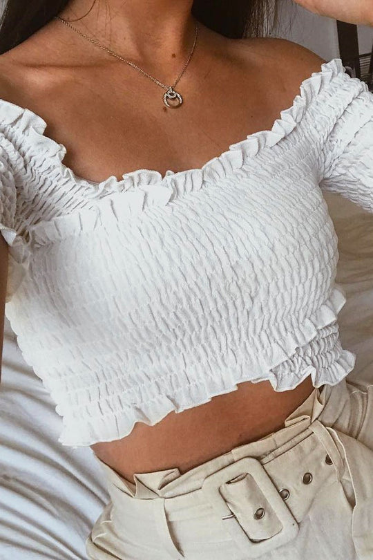 White Shirred Off The Shoulder Crop Top - Erial
