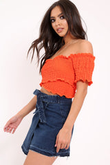 Orange Shirred Off The Shoulder Crop Top - Erial